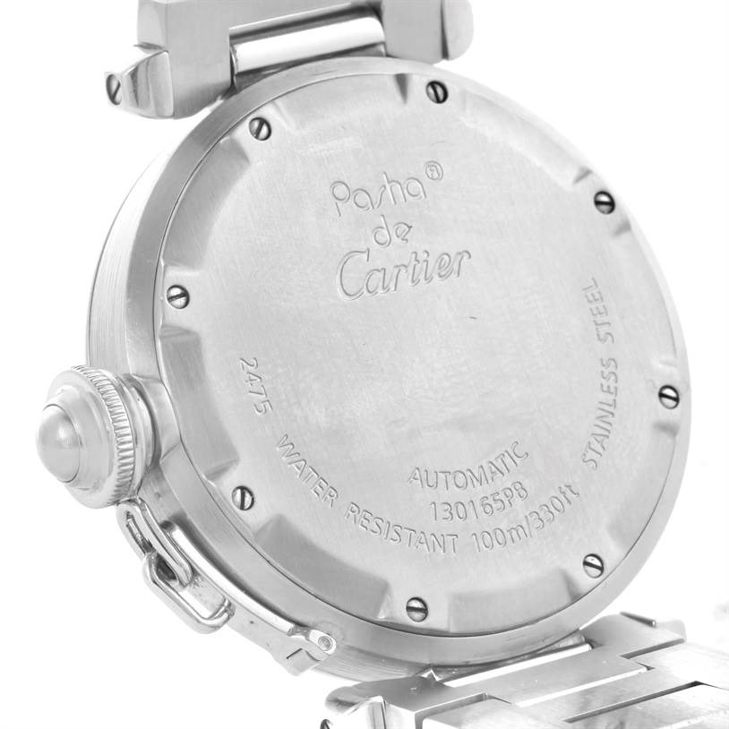 This image shows the back case of a Cartier Pasha W31055M7 Men
s Stainless Steel White Dial W31055M7 Men
s Stainless Steel White Dial watch, highlighting the engravings and case details.