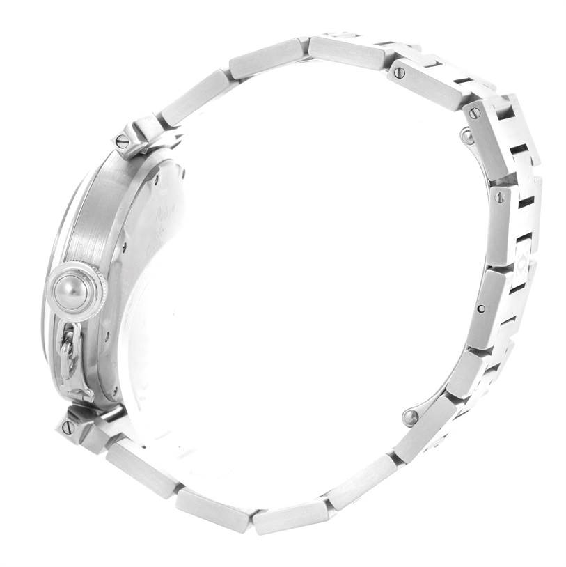 The image shows a side view of the Cartier Pasha W31055M7 Men
s Stainless Steel White Dial W31055M7 Men
s Stainless Steel White Dial watch, highlighting its crown and metal bracelet.