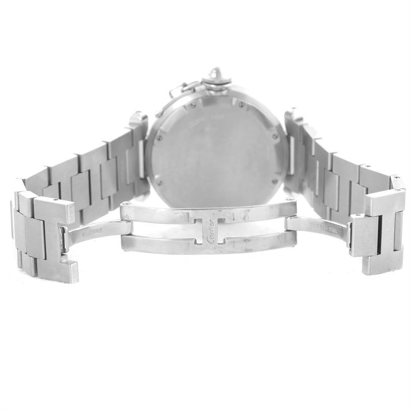 The image shows the back and open clasp of a Cartier Pasha W31055M7 Men
s Stainless Steel White Dial W31055M7 Men
s Stainless Steel White Dial watch, highlighting the bracelet and case back.