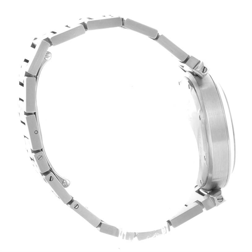 This side view of the Cartier Pasha W31055M7 Men
s Stainless Steel White Dial W31055M7 Men
s Stainless Steel White Dial watch showcases the case and stainless steel bracelet.