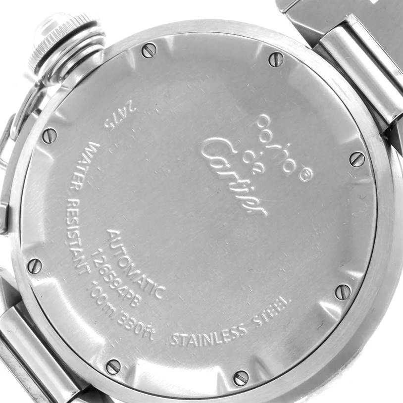 The image shows the back case of a Cartier Pasha W31055M7 Men
s Stainless Steel White Dial W31055M7 Men
s Stainless Steel White Dial watch, highlighting its engravings and stainless steel material.