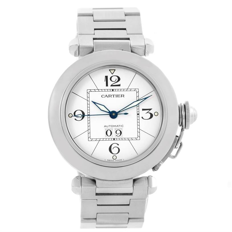 The image shows a front view of a Cartier Pasha W31055M7 Men
s Stainless Steel White Dial W31055M7 Men
s Stainless Steel White Dial watch with its face, bezel, and part of the bracelet visible.