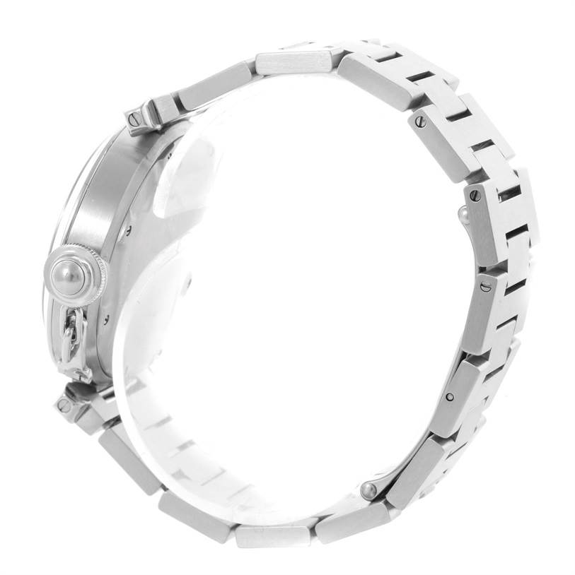 The image shows a side profile of the Cartier Pasha W31055M7 Men
s Stainless Steel White Dial W31055M7 Men
s Stainless Steel White Dial watch highlighting its bracelet and crown.
