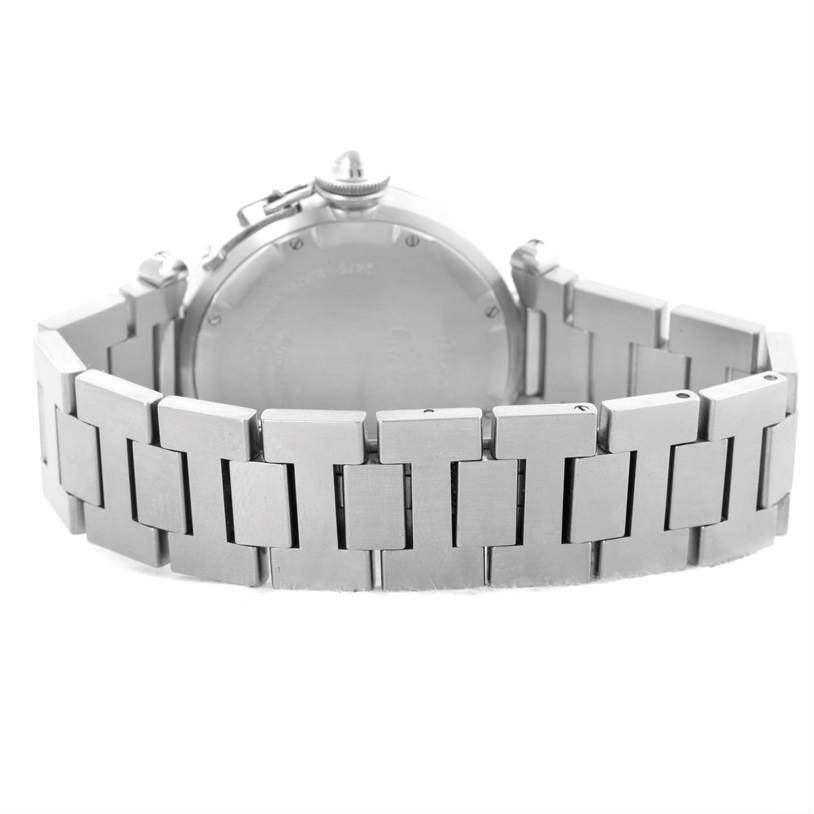 This image shows the back case and metal bracelet of a Cartier Pasha W31055M7 Men
s Stainless Steel White Dial W31055M7 Men
s Stainless Steel White Dial watch from a rear angle.