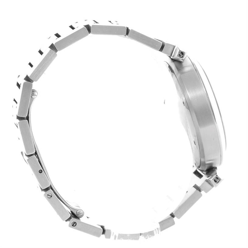 The image shows a side view of the Cartier Pasha W31055M7 Men
s Stainless Steel White Dial W31055M7 Men
s Stainless Steel White Dial watch, highlighting its bracelet links and case.