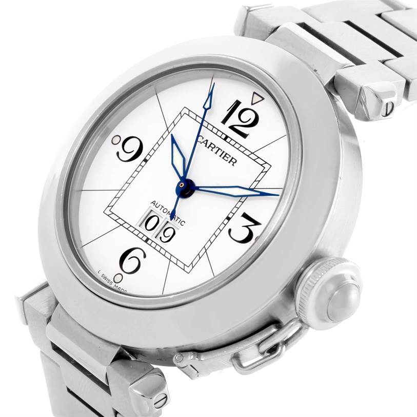 This image shows a close-up of the Cartier Pasha W31055M7 Men
s Stainless Steel White Dial W31055M7 Men
s Stainless Steel White Dial watch, highlighting the dial, bracelet, and crown guard from an angled view.