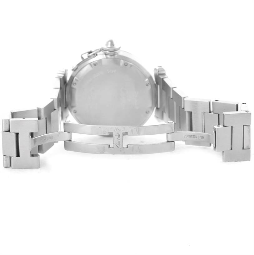 The image shows the back and clasp of a stainless steel Cartier Pasha W31055M7 Men
s Stainless Steel White Dial W31055M7 Men
s Stainless Steel White Dial watch, with the bracelet fully extended.