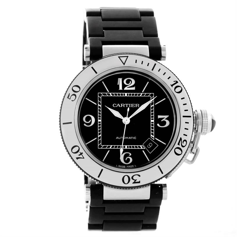 The image shows a front view of the Cartier Pasha W31077U2 Men's Stainless Steel Black Dial W31077U2 Men's Stainless Steel Black Dial watch, showcasing its face, bezel, crown, and black rubber strap.