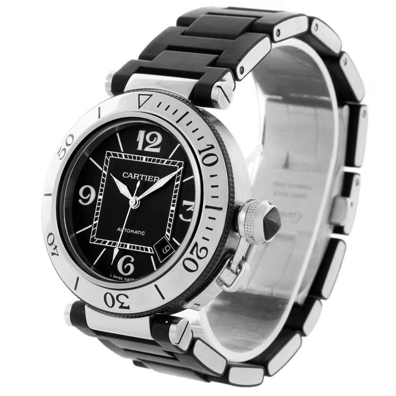 The Cartier Pasha W31077U2 Men's Stainless Steel Black Dial W31077U2 Men's Stainless Steel Black Dial watch is shown at a slight angle, displaying its face, bezel, crown, and bracelet.