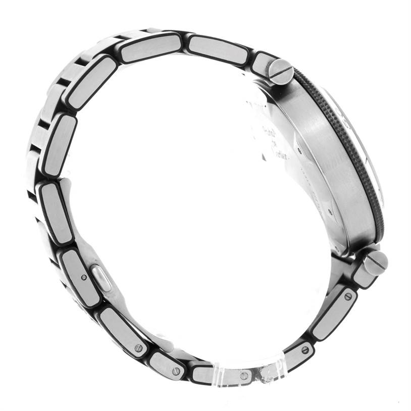 The image shows a side view of the Cartier Pasha W31077U2 Men's Stainless Steel Black Dial W31077U2 Men's Stainless Steel Black Dial watch, highlighting its bracelet and case.