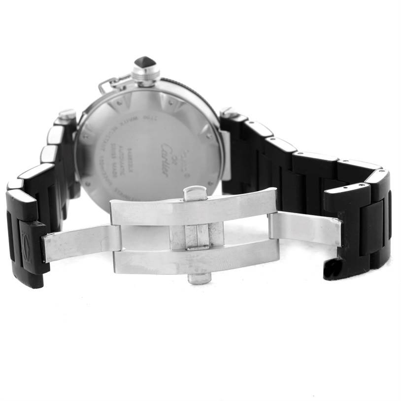 The image shows the back view of a Cartier Pasha W31077U2 Men's Stainless Steel Black Dial W31077U2 Men's Stainless Steel Black Dial watch with its clasp and strap visible.