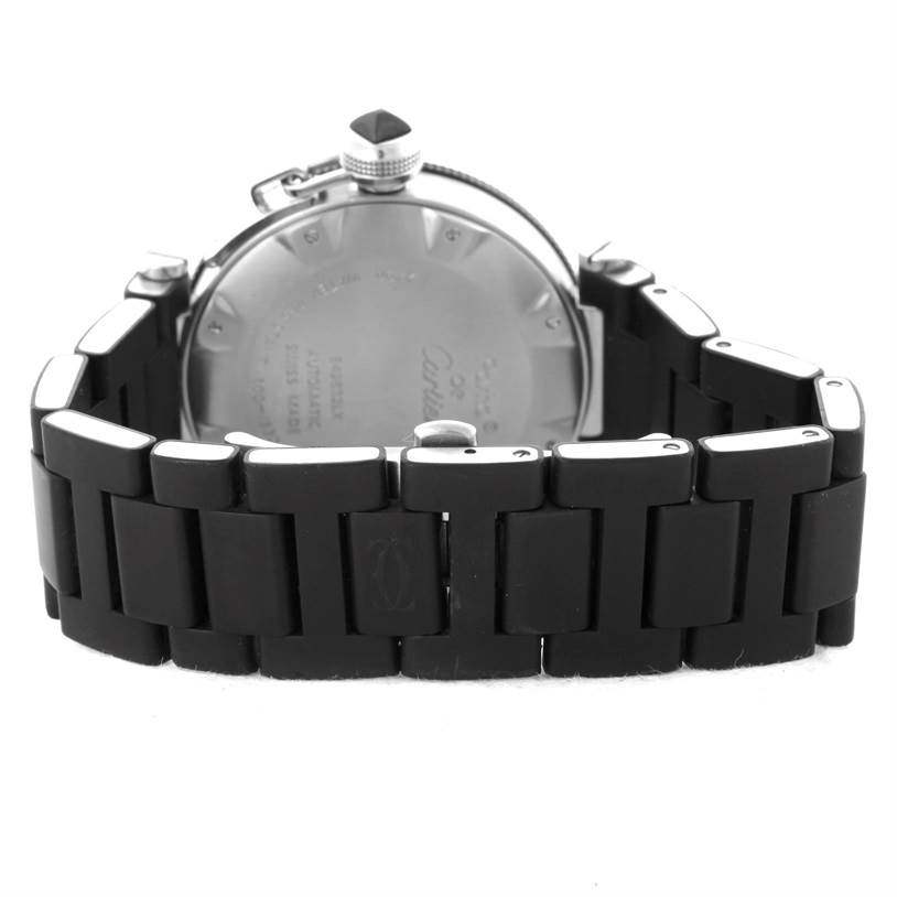 The image shows the back casing and part of the black strap of the Cartier Pasha W31077U2 Men's Stainless Steel Black Dial W31077U2 Men's Stainless Steel Black Dial watch.