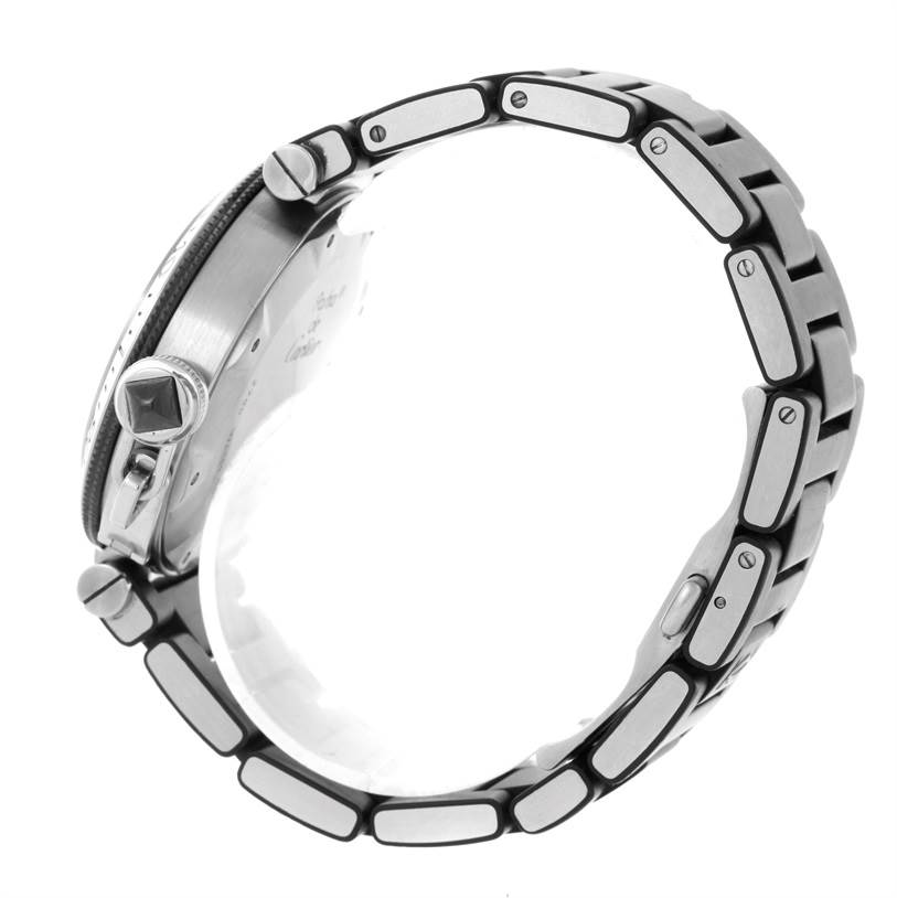 This image shows a Cartier Pasha W31077U2 Men's Stainless Steel Black Dial W31077U2 Men's Stainless Steel Black Dial model watch from a side angle, focusing on the bracelet and case.
