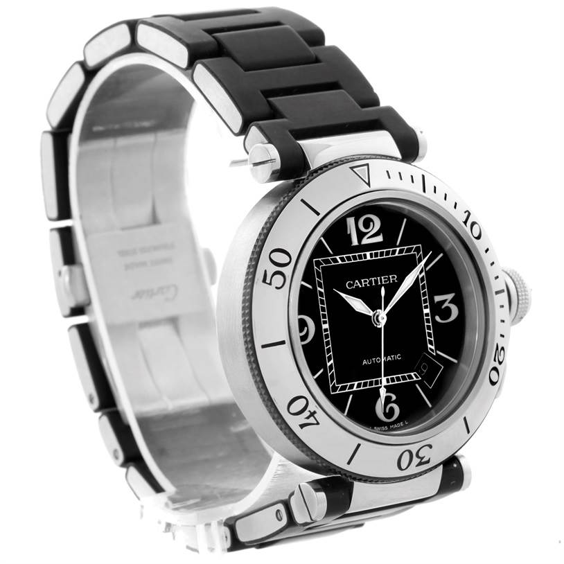The image shows a Cartier Pasha W31077U2 Men's Stainless Steel Black Dial W31077U2 Men's Stainless Steel Black Dial watch at a three-quarter angle, highlighting its bezel, dial, crown, and bracelet.