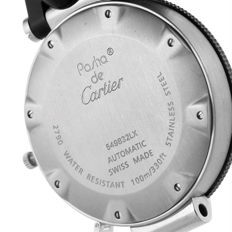 The image shows the back of a Cartier Pasha W31077U2 Men's Stainless Steel Black Dial W31077U2 Men's Stainless Steel Black Dial watch, highlighting its engraved details and stainless steel case.