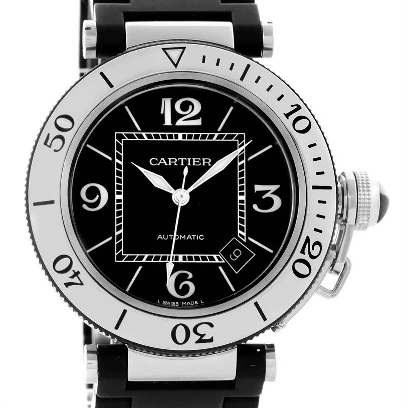 The image shows a front view of a Cartier Pasha W31077U2 Men's Stainless Steel Black Dial W31077U2 Men's Stainless Steel Black Dial model watch highlighting its face, bezel, crown, and part of the strap.