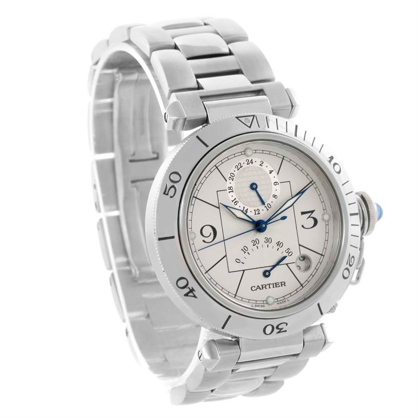 The image shows a Cartier Pasha W31037H3 Men's Stainless Steel Silver Dial W31037H3 Men's Stainless Steel Silver Dial model watch at a three-quarter angle, displaying the dial, bezel, and part of the bracelet.