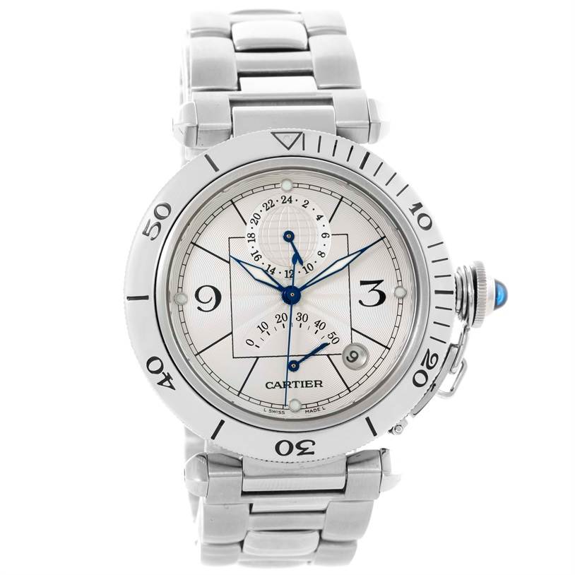 This is a front view of a Cartier Pasha W31037H3 Men's Stainless Steel Silver Dial W31037H3 Men's Stainless Steel Silver Dial model watch, showing its face, bezel, crown, and metal bracelet.