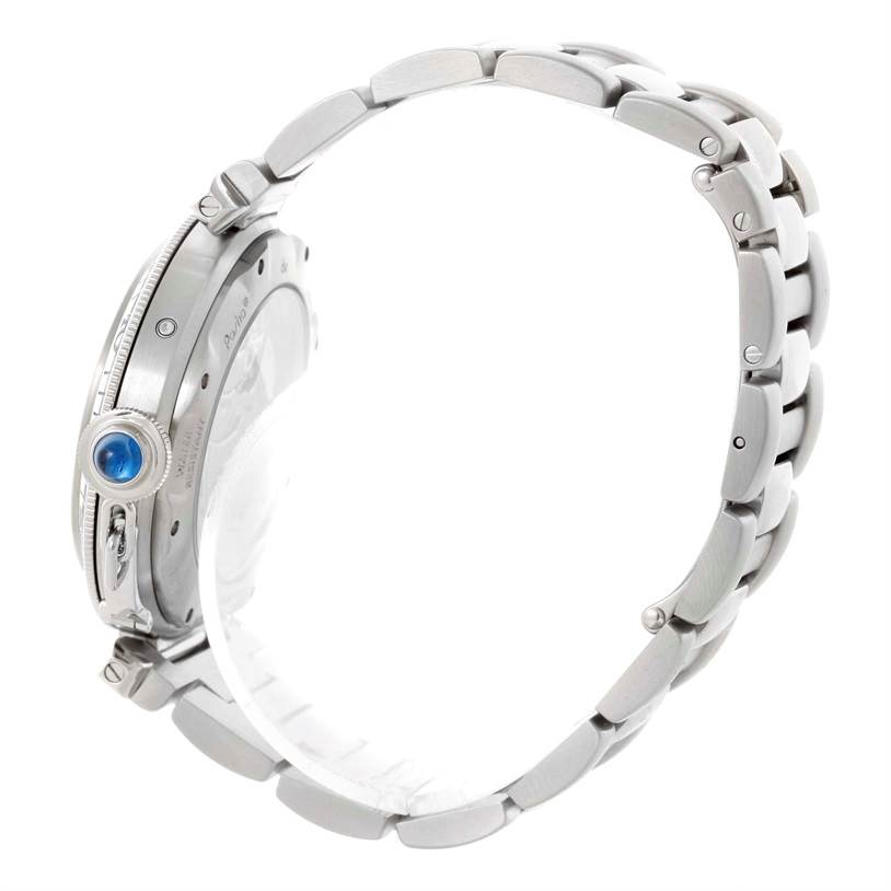 The image shows a Cartier Pasha W31037H3 Men's Stainless Steel Silver Dial W31037H3 Men's Stainless Steel Silver Dial watch from a side angle, highlighting its bracelet, crown, and case.