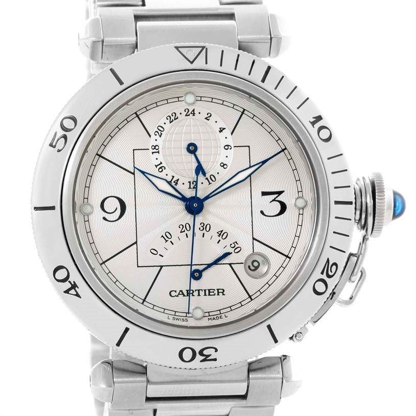 The image shows a front view of a Cartier Pasha W31037H3 Men's Stainless Steel Silver Dial W31037H3 Men's Stainless Steel Silver Dial model watch, highlighting the face, bezel, and part of the bracelet.