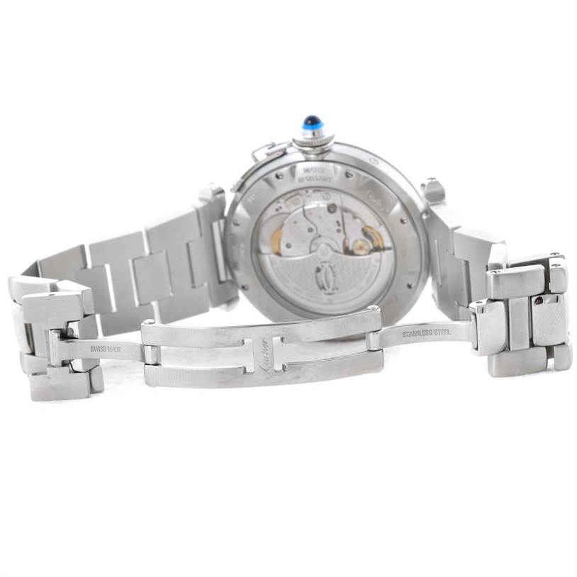 The image shows the back view of a Cartier Pasha W31037H3 Men's Stainless Steel Silver Dial W31037H3 Men's Stainless Steel Silver Dial watch, highlighting the movement and bracelet clasp.