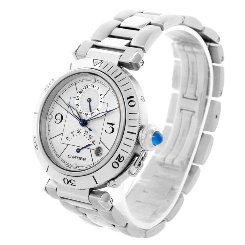 The image shows a Cartier Pasha W31037H3 Men's Stainless Steel Silver Dial W31037H3 Men's Stainless Steel Silver Dial watch angled to display its round face, silver bracelet, side crown, and bezel.