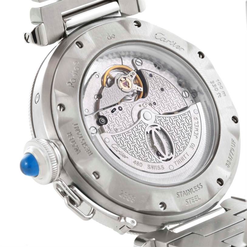 This image shows the back view of a Cartier Pasha W31037H3 Men's Stainless Steel Silver Dial W31037H3 Men's Stainless Steel Silver Dial watch, highlighting its automatic movement and stainless steel case.