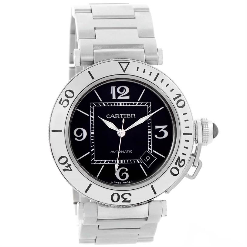This image shows a front-facing view of the Cartier Pasha W31077M7 Men's Stainless Steel Black Dial W31077M7 Men's Stainless Steel Black Dial automatic watch with a silver bracelet and a black dial.