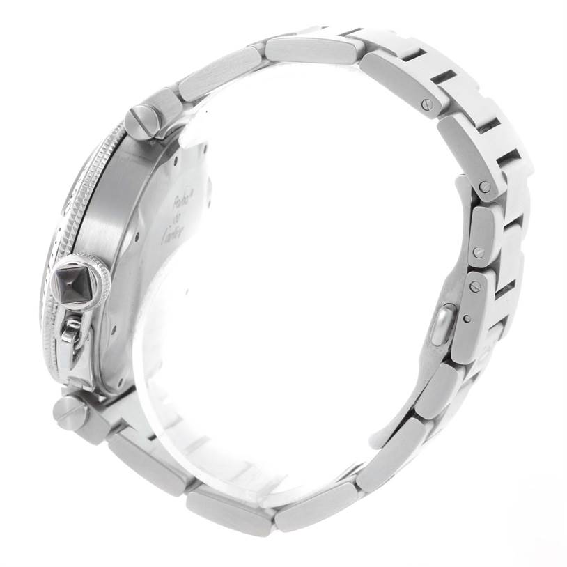 The image shows a side view of a Cartier Pasha W31077M7 Men's Stainless Steel Black Dial W31077M7 Men's Stainless Steel Black Dial watch, highlighting its case, crown, and metal bracelet.