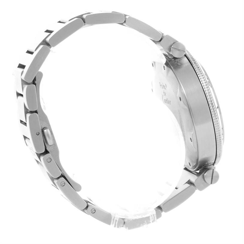 The image shows a side view of a Cartier Pasha W31077M7 Men's Stainless Steel Black Dial W31077M7 Men's Stainless Steel Black Dial watch, highlighting its case, bracelet, and crown.