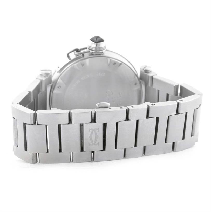 This image shows the back and bracelet of the Cartier Pasha W31077M7 Men's Stainless Steel Black Dial W31077M7 Men's Stainless Steel Black Dial watch.