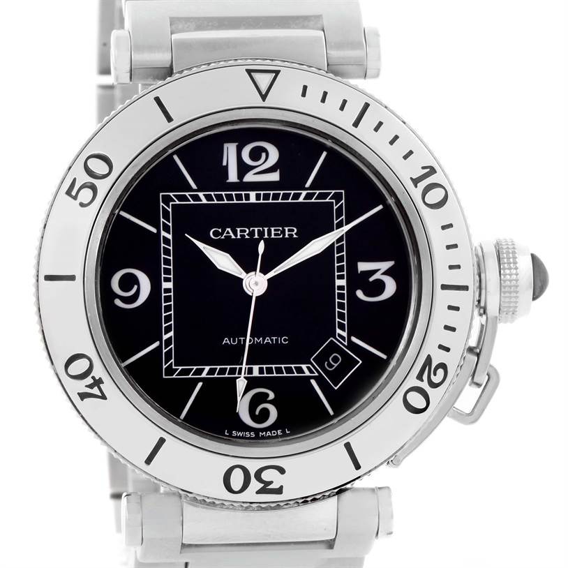 The image shows a full frontal view of the Cartier Pasha W31077M7 Men's Stainless Steel Black Dial W31077M7 Men's Stainless Steel Black Dial watch, highlighting the face, bezel, and part of the bracelet.