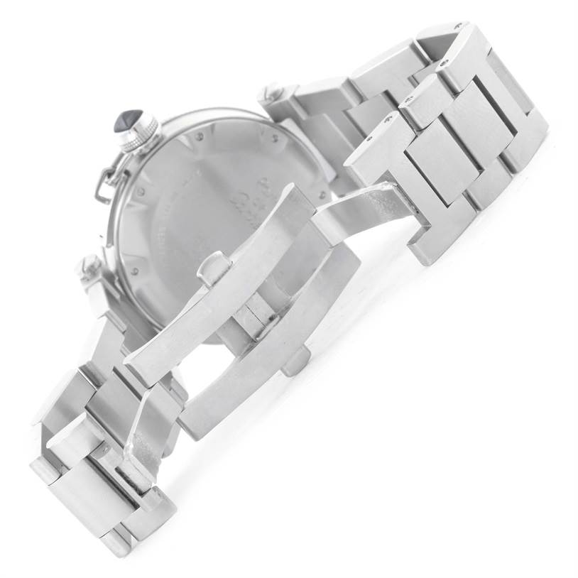 This image shows the back view and bracelet of the Cartier Pasha W31077M7 Men's Stainless Steel Black Dial W31077M7 Men's Stainless Steel Black Dial watch, highlighting its metal links and clasp.