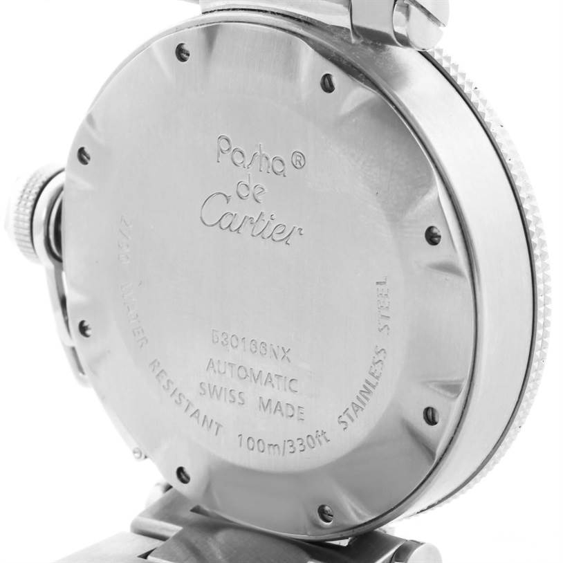 This image shows the back case of a Cartier Pasha W31077M7 Men's Stainless Steel Black Dial W31077M7 Men's Stainless Steel Black Dial model watch, highlighting the inscriptions and part of the bracelet.