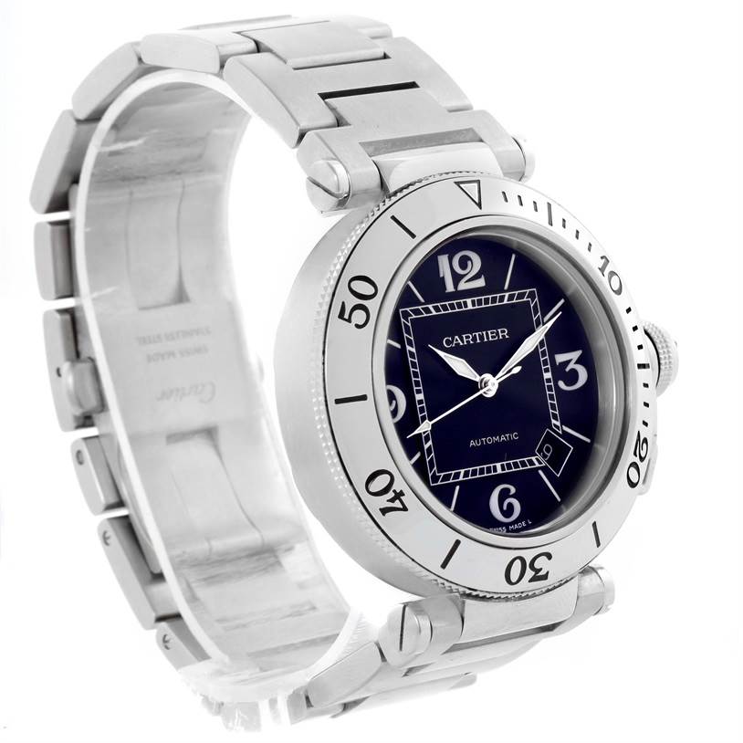 The image shows a Cartier Pasha W31077M7 Men's Stainless Steel Black Dial W31077M7 Men's Stainless Steel Black Dial watch, angled to display the bracelet, bezel, and dial.