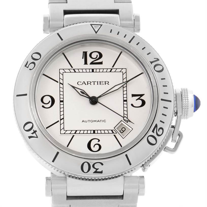 This image shows a front view of the Cartier Pasha W31080M7 Men's Stainless Steel Silver Dial W31080M7 Men's Stainless Steel Silver Dial model watch, highlighting its dial, bezel, and crown.