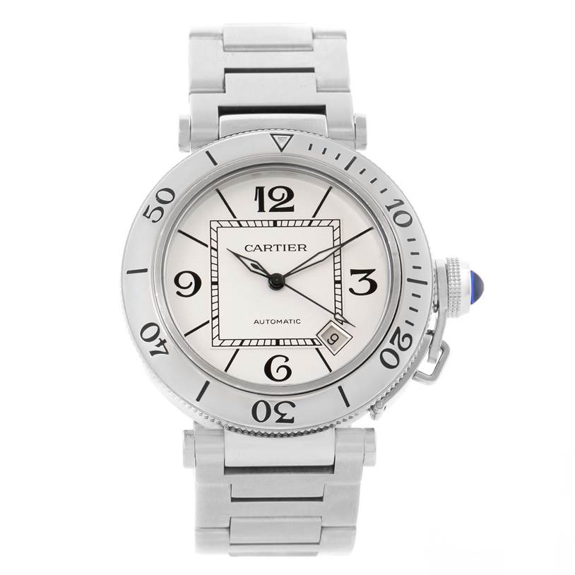 This image shows a front view of a Cartier Pasha W31080M7 Men's Stainless Steel Silver Dial W31080M7 Men's Stainless Steel Silver Dial watch, displaying the dial, bezel, and bracelet.
