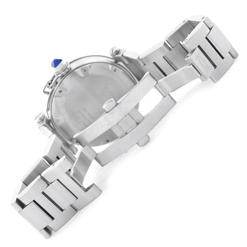 The image shows the back of a Cartier Pasha W31080M7 Men's Stainless Steel Silver Dial W31080M7 Men's Stainless Steel Silver Dial model watch, with its metal bracelet and clasp fully open.