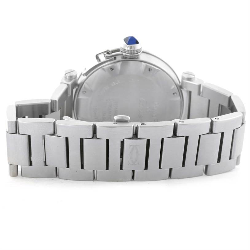 The image shows the back view of a Cartier Pasha W31080M7 Men's Stainless Steel Silver Dial W31080M7 Men's Stainless Steel Silver Dial model watch, highlighting its stainless steel bracelet and case back.