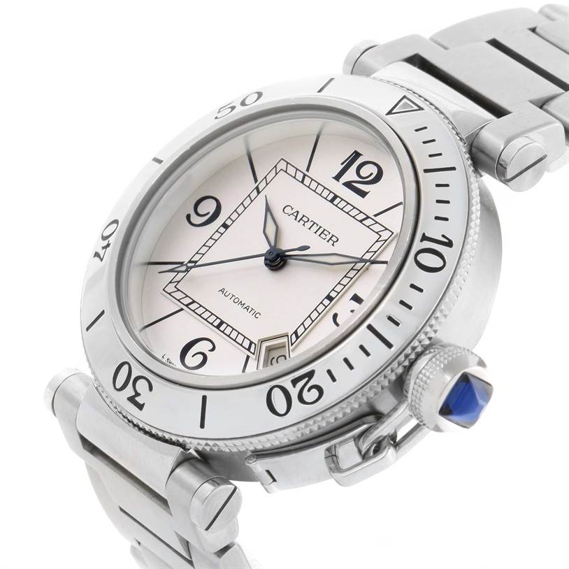 This image shows a close-up view of the Cartier Pasha W31080M7 Men's Stainless Steel Silver Dial W31080M7 Men's Stainless Steel Silver Dial watch, highlighting the face, dial, bezel, and partial bracelet.