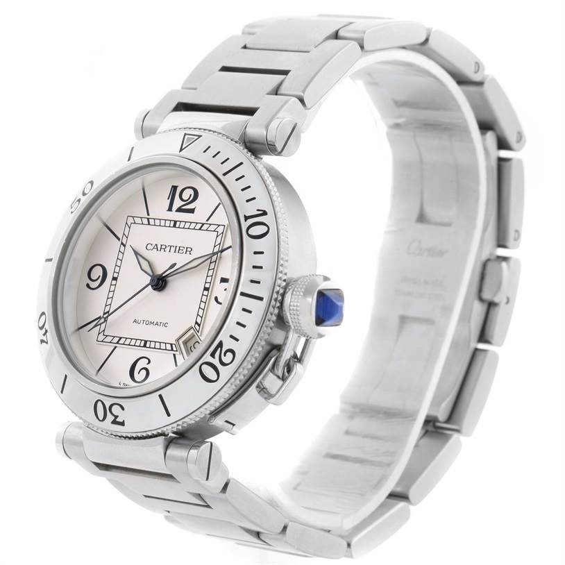 This image shows a Cartier Pasha W31080M7 Men's Stainless Steel Silver Dial W31080M7 Men's Stainless Steel Silver Dial watch at an angled side view, highlighting the face, bezel, crown, and bracelet.