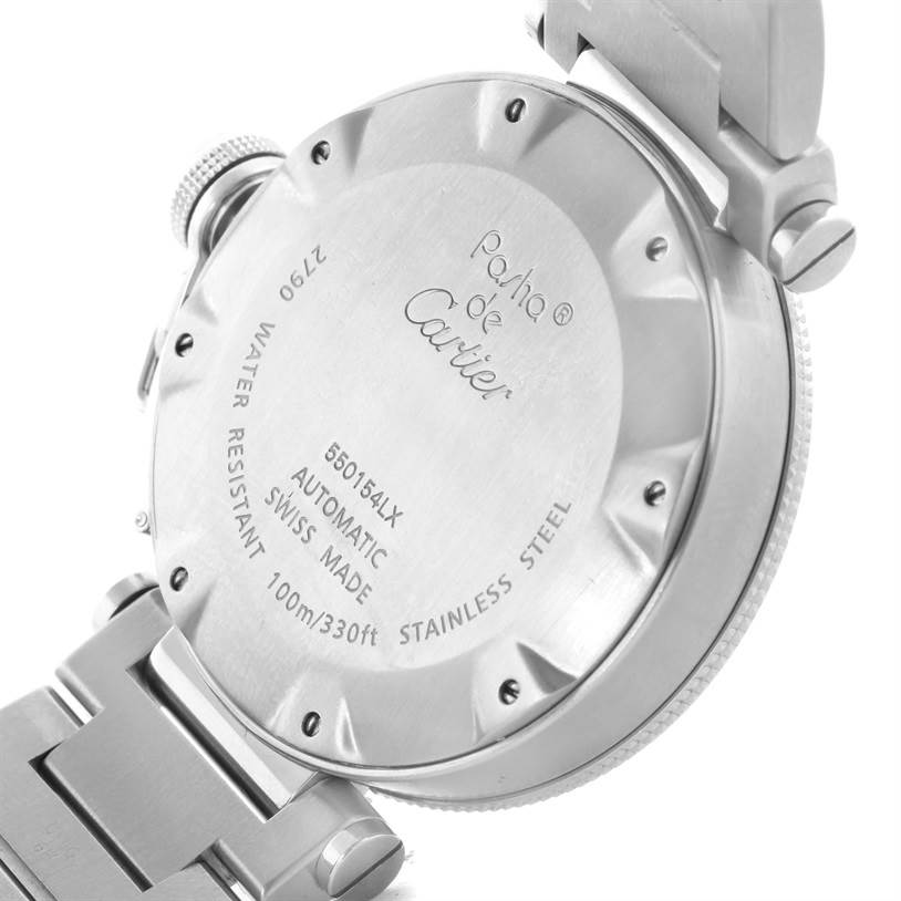 The image shows the back case and parts of the bracelet clasp of a Cartier Pasha W31080M7 Men's Stainless Steel Silver Dial W31080M7 Men's Stainless Steel Silver Dial watch at an angle.