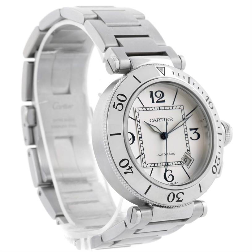 This image shows a Cartier Pasha W31080M7 Men's Stainless Steel Silver Dial W31080M7 Men's Stainless Steel Silver Dial watch from a front angle, highlighting the dial, bezel, and part of the bracelet.