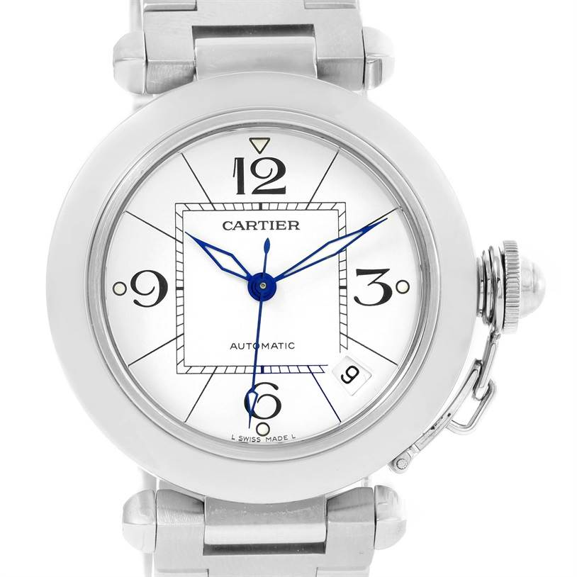 This image shows a close-up front view of the Cartier Pasha W31074M7 Women's Stainless Steel White Dial W31074M7 Women's Stainless Steel White Dial watch, highlighting its dial, numerals, and bracelet.
