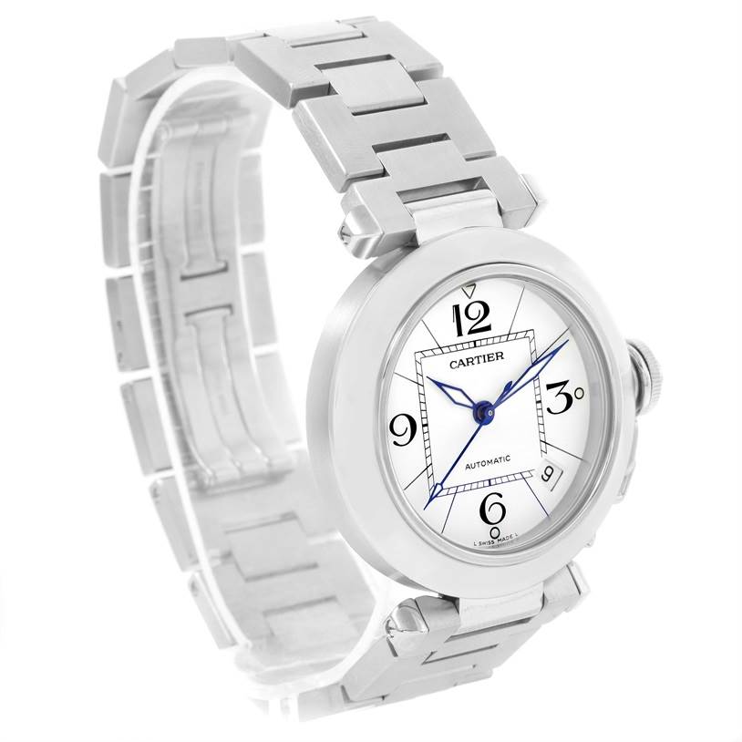 The image shows a Cartier Pasha W31074M7 Women's Stainless Steel White Dial W31074M7 Women's Stainless Steel White Dial watch at a three-quarter angle, highlighting its face, bracelet, and crown.