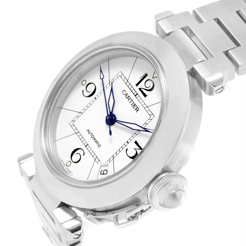 The image shows a side angle of a Cartier Pasha W31074M7 Women's Stainless Steel White Dial W31074M7 Women's Stainless Steel White Dial watch, highlighting the dial, crown, and bracelet.