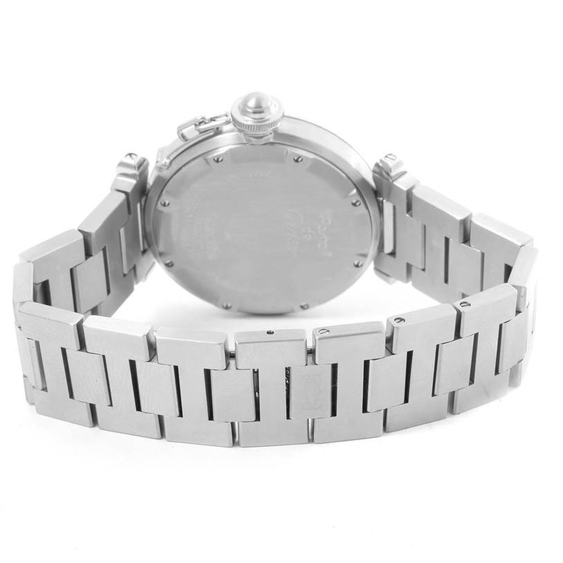 The image shows the back view of a Cartier Pasha W31074M7 Women's Stainless Steel White Dial W31074M7 Women's Stainless Steel White Dial model watch, highlighting its metal bracelet and case back.