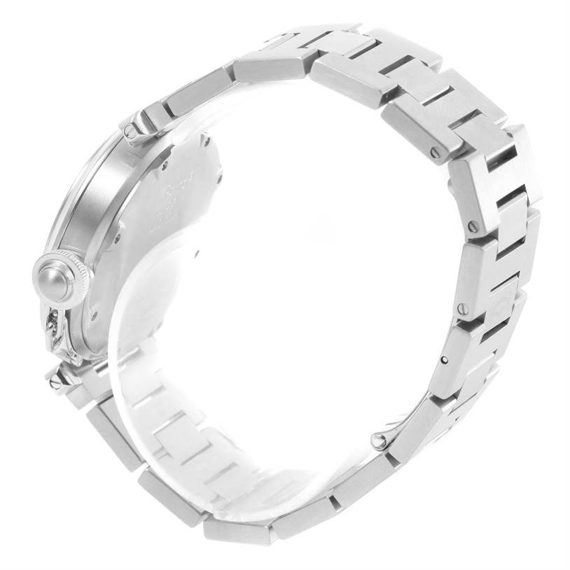 This image showcases the side view of the Cartier Pasha W31074M7 Women's Stainless Steel White Dial W31074M7 Women's Stainless Steel White Dial watch, highlighting its back case and bracelet.