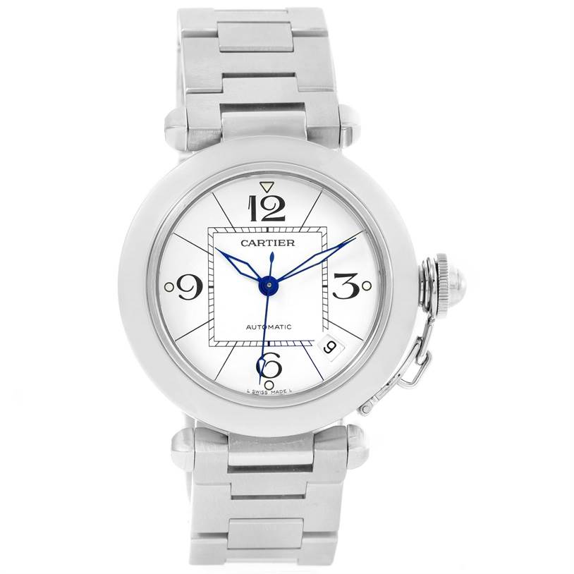 The image shows a front view of a Cartier Pasha W31074M7 Women's Stainless Steel White Dial W31074M7 Women's Stainless Steel White Dial watch displaying its dial, bezel, and stainless steel bracelet.