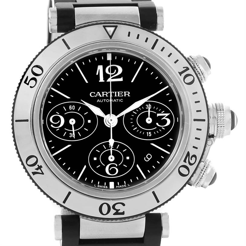 This Cartier Pasha W31088U2 Men's Stainless Steel Black Dial W31088U2 Men's Stainless Steel Black Dial watch is shown from a front angle, displaying the face, bezel, and part of the strap.